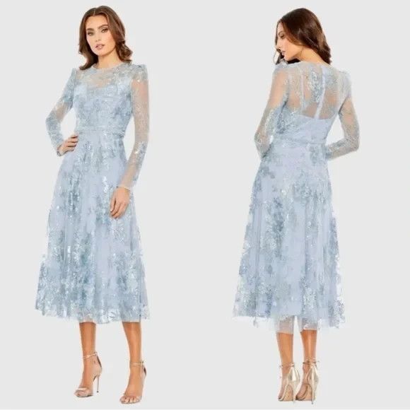 Mac Duggal 68020 Blue Embellished Illusion Long Sleeve Midi Dress Size 18 NWT - Picture 1 of 8